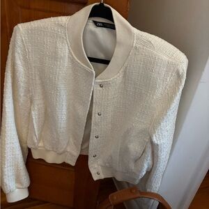 Zara Women's Cream Textured Bomber Jacket